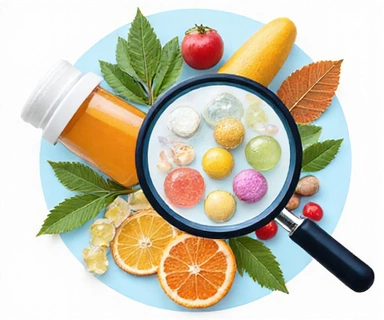 Ilustrace poradenství o doplňcích stravy s pilulkami a bylinkami