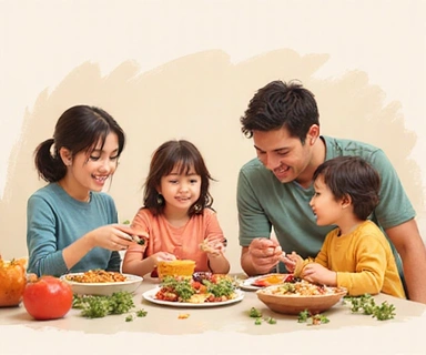 Ilustrace rodinného nutričního poradenství se šťastnou rodinou a zdravým jídlem